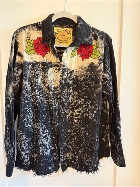 Distressed Black Button-Up Shirt with Red Rose Embroidery